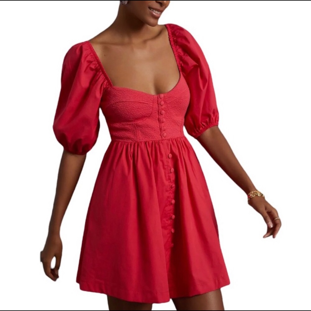 NWOT Anthropologie Maeve Puff Sleeve Sweetheart Mini Dress Red Size XS